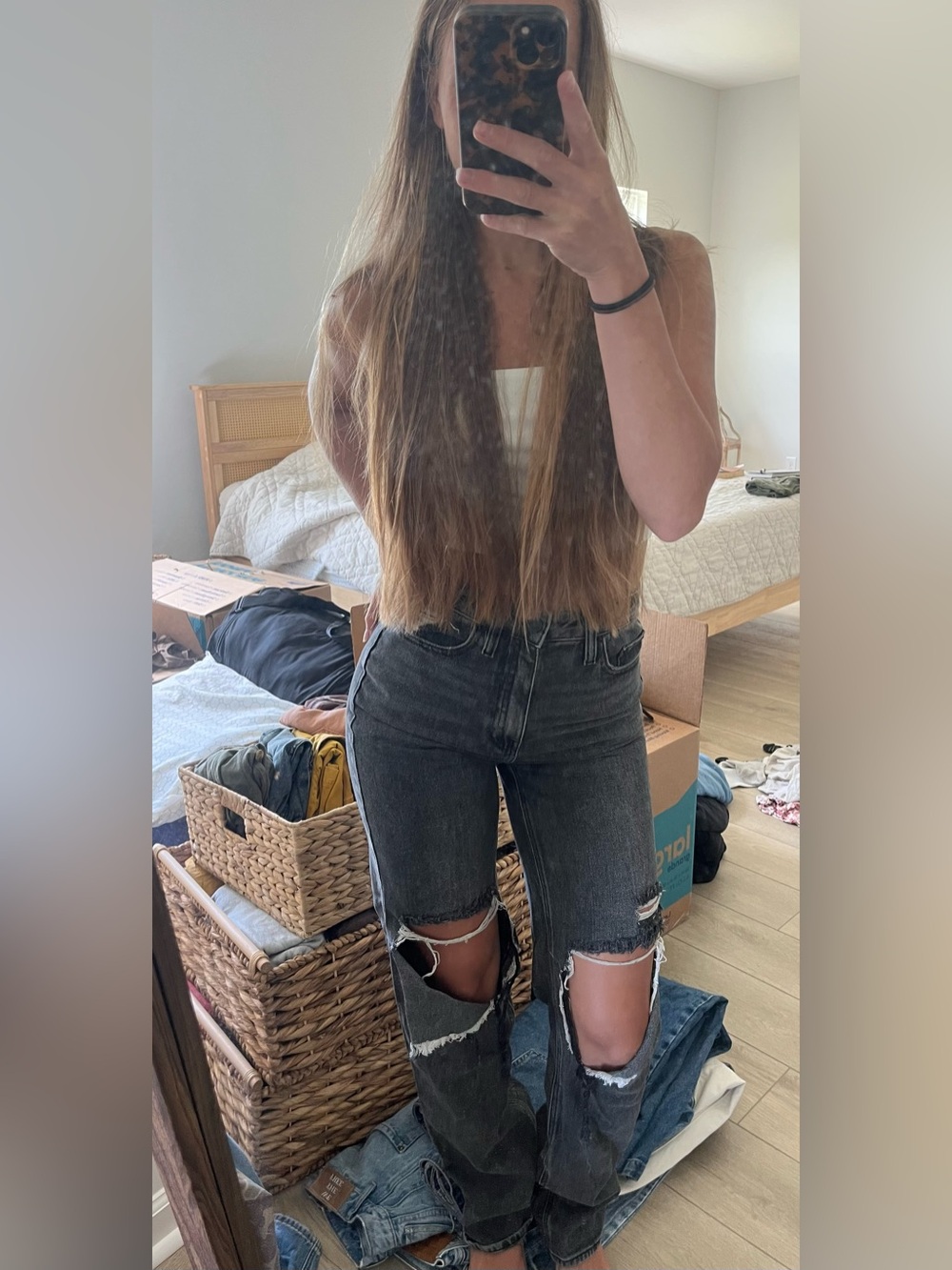 High-Waisted Distressed Black Ripped Jeans